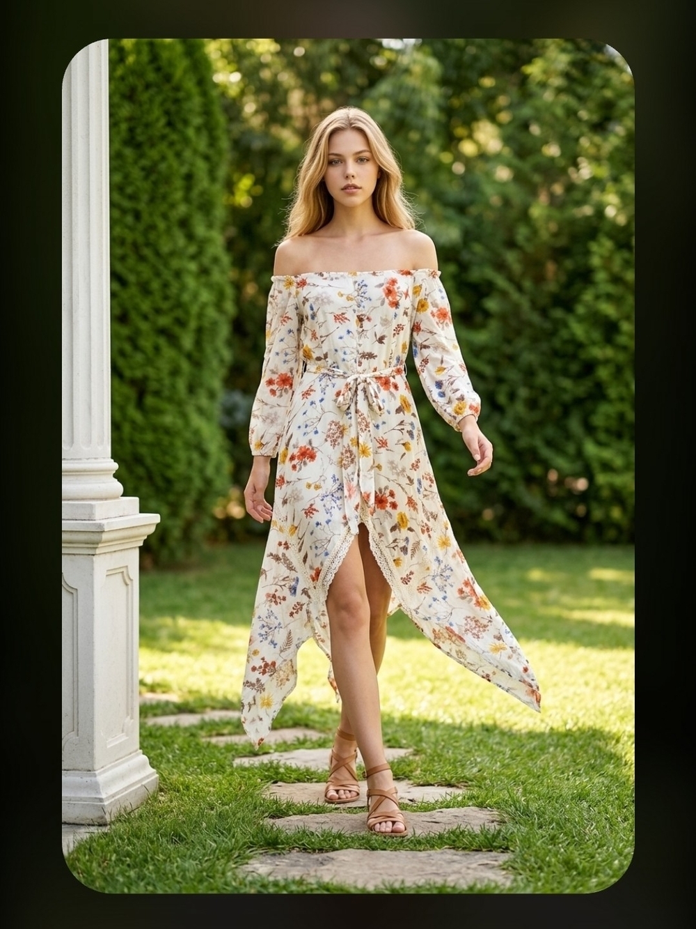 Floral Off-Shoulder High-Low Dress in Cream Size S By The Sang